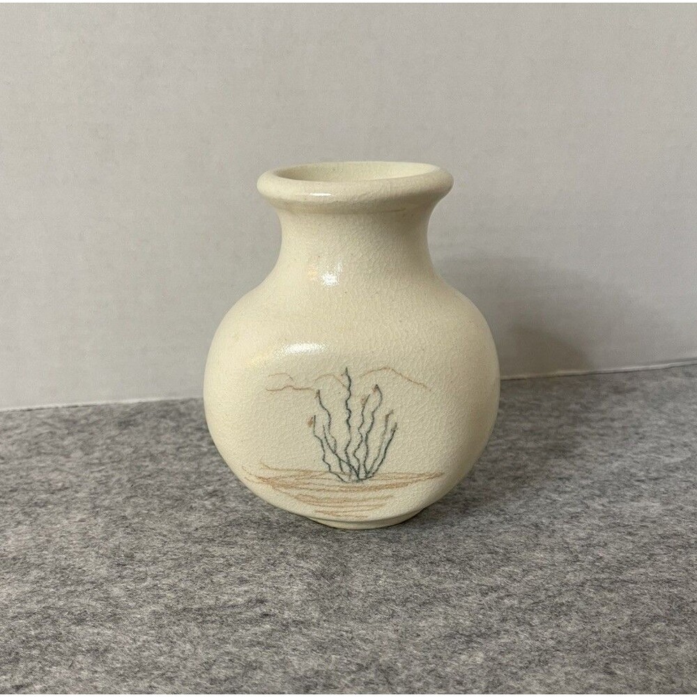 Vintage Southwestern Studio Art Pottery Vase Hand Painted Desert Cactus Mini